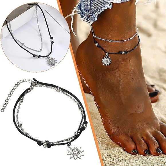 Double Strand Sun Charm Sunflower beaded Anklet Ankle Bracelet Jewelry Silver - Picture 1 of 4